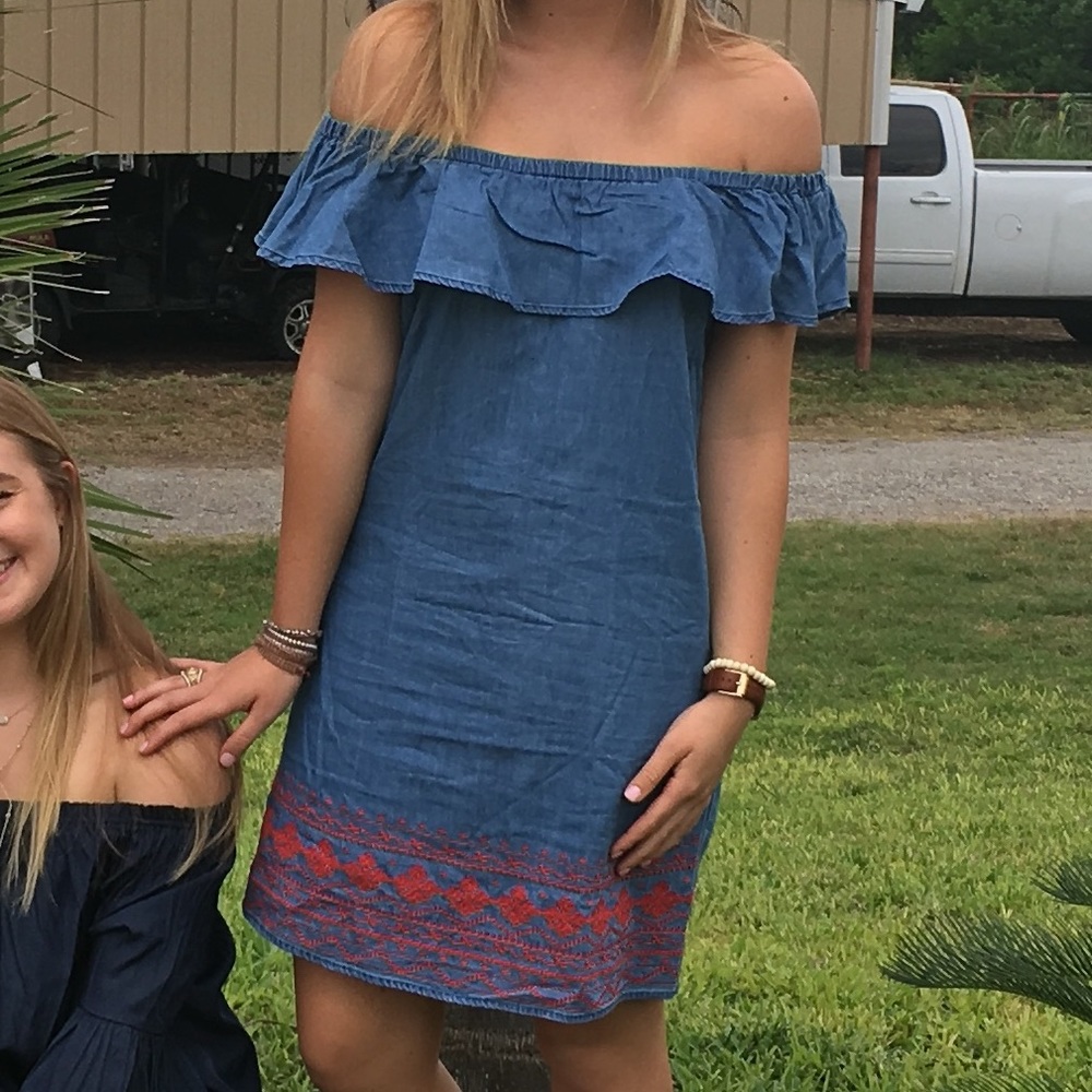 Denim embroidered off the shoulder dress